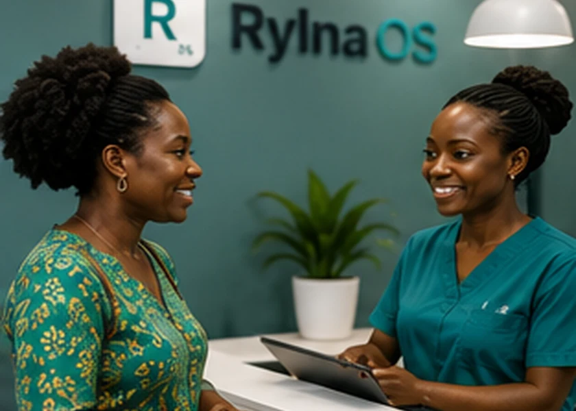 Patiente accueillie par une réceptionniste au comptoir d'une clinique Rylna OS
