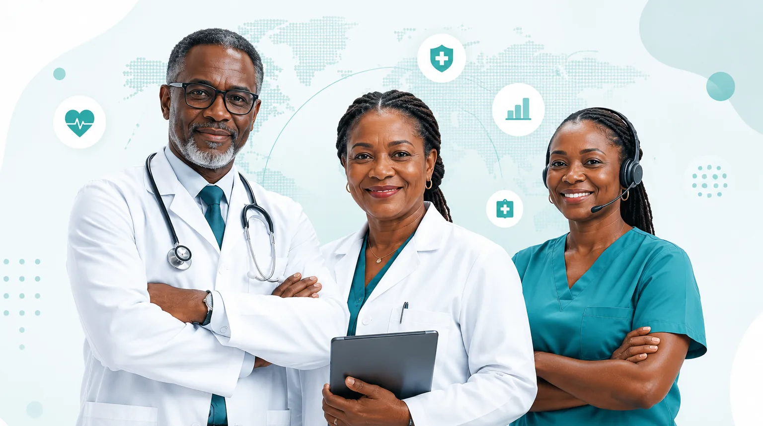 Équipe médicale Rylna OS : médecin, praticienne et infirmière
